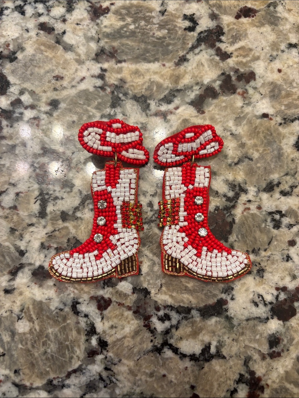 Beaded Red and White Cowboy Boot Earrings